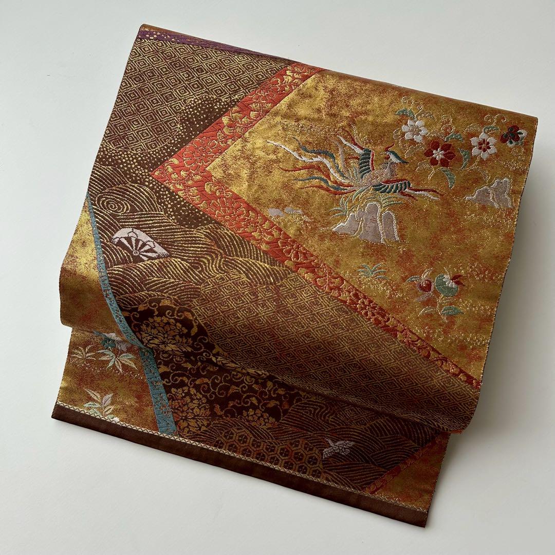 袋帯 西陣織 錦刺繍 文様散らし 鳳凰に花 六通 T-5756