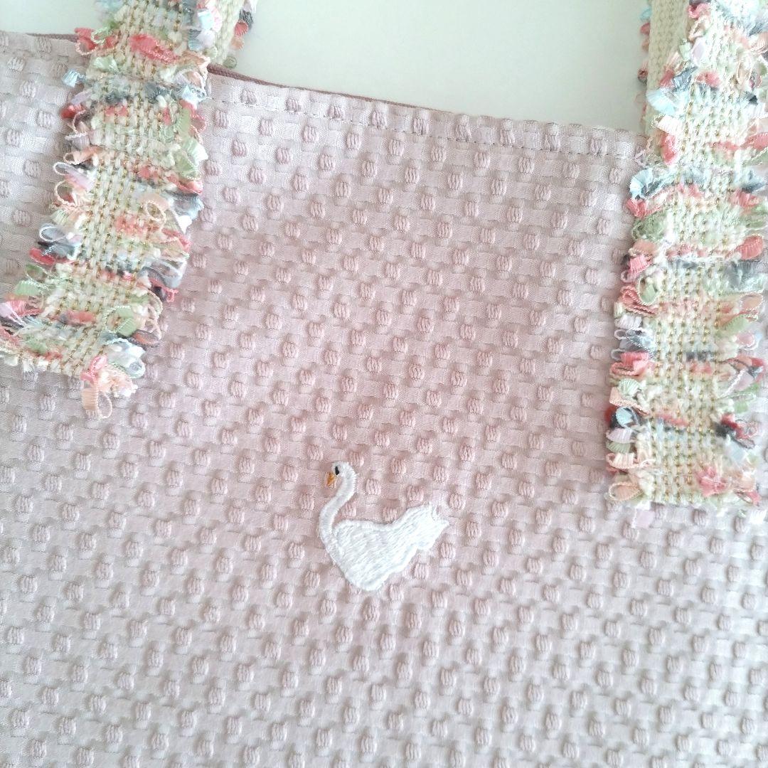 1264 スワン刺繍　レッスンバッグ　女の子　ピンク　ツイード　サブバッグ