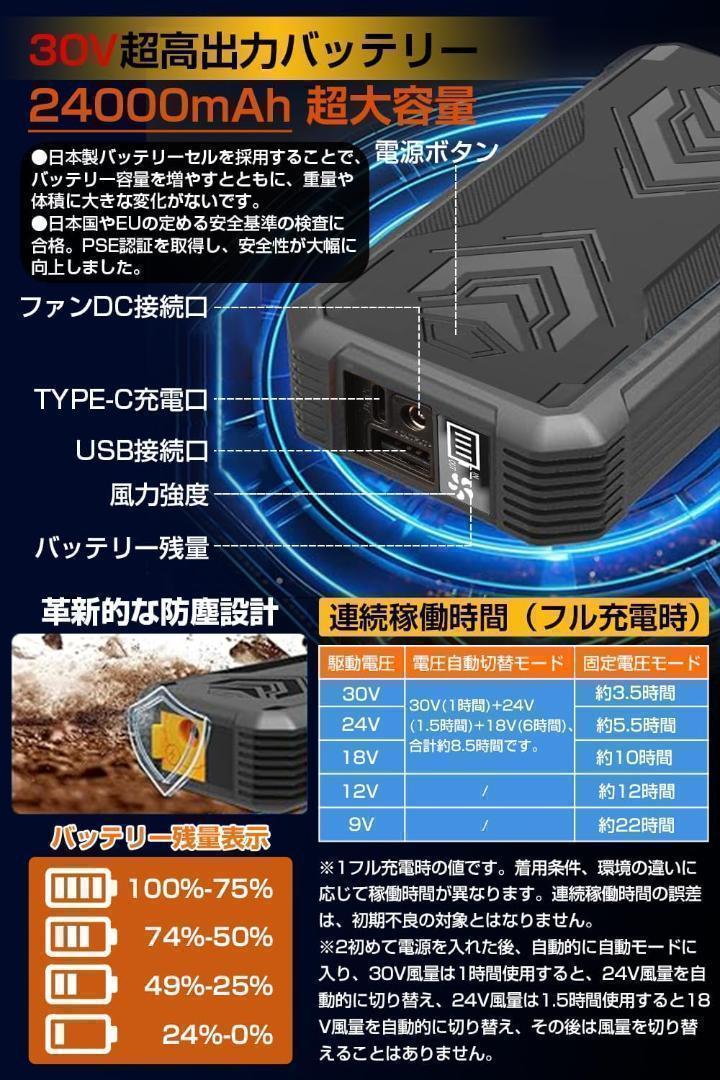 30V超高出力 空調作業服 ファンバッテリー セット