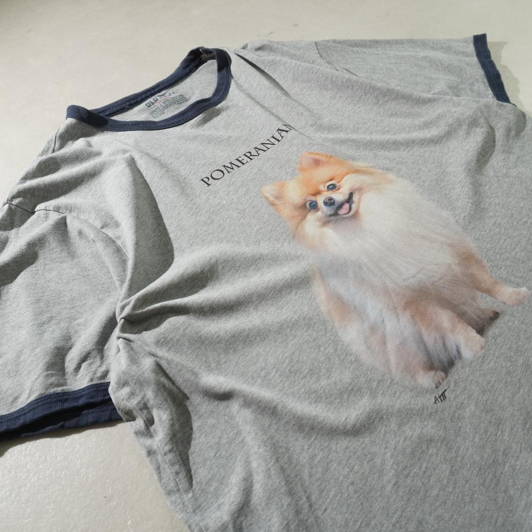 古着 Tシャツ リンガーT 半袖 犬 ポメラニアン サイズXL/IW1039
