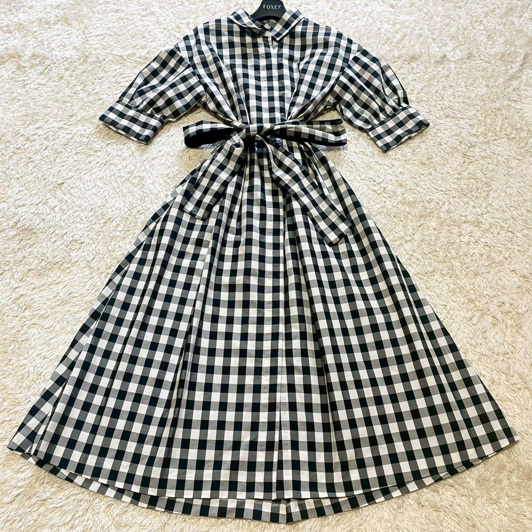 【美品】グレースクラス シャツワンピース ギンガムチェック リボン 半袖 ロング