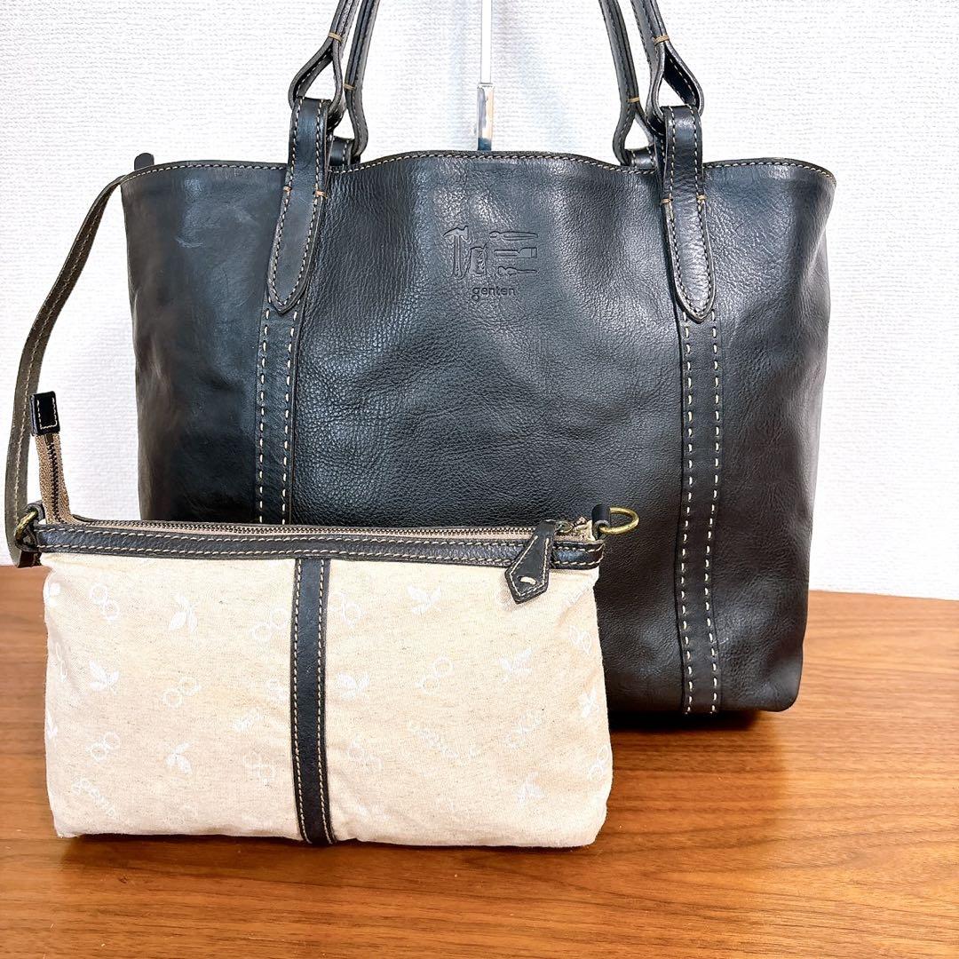 美品 ゲンテン genten トートバッグ ポーチ付き レザー 黒