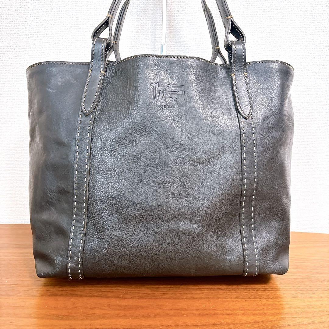 ✨美品✨ ゲンテン トートバッグ A4 ブラック 大容量 genten 肩がけ 美品】gentenレザーステッチトートバッグ 本革 肩かけ A4 ポーチ