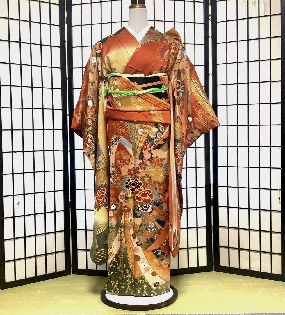 【美品】振袖　着物　正絹100% フルセット　170cm以上の方へ　金茶色