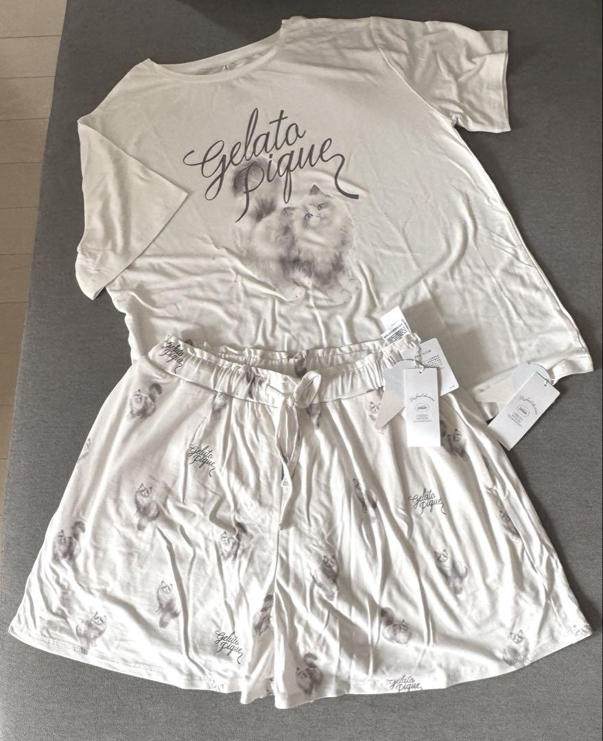 【新品未使用】ジェラートピケ　CAT柄ワンポイントTシャツ&ショートパンツセット