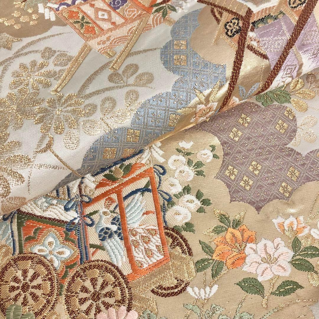 MO-3216 袋帯 フォーマル 平安祭礼献上文 花模様 金糸 白茶色 MO-3216 袋帯 フォーマル 平安祭礼献上文 花模様 金糸 白茶色