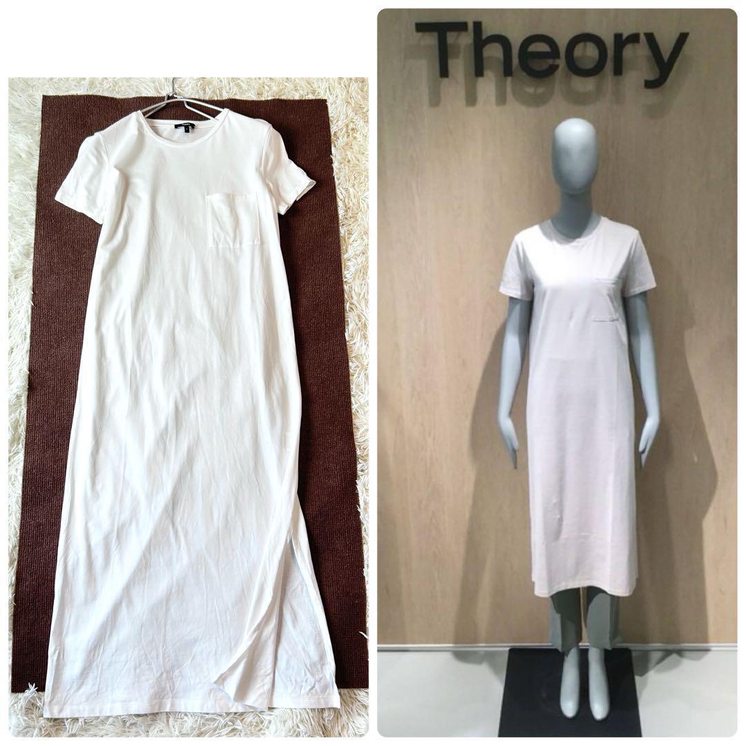 セオリー Tシャツワンピース ポケット クルーネック 半袖 ロング ホワイト