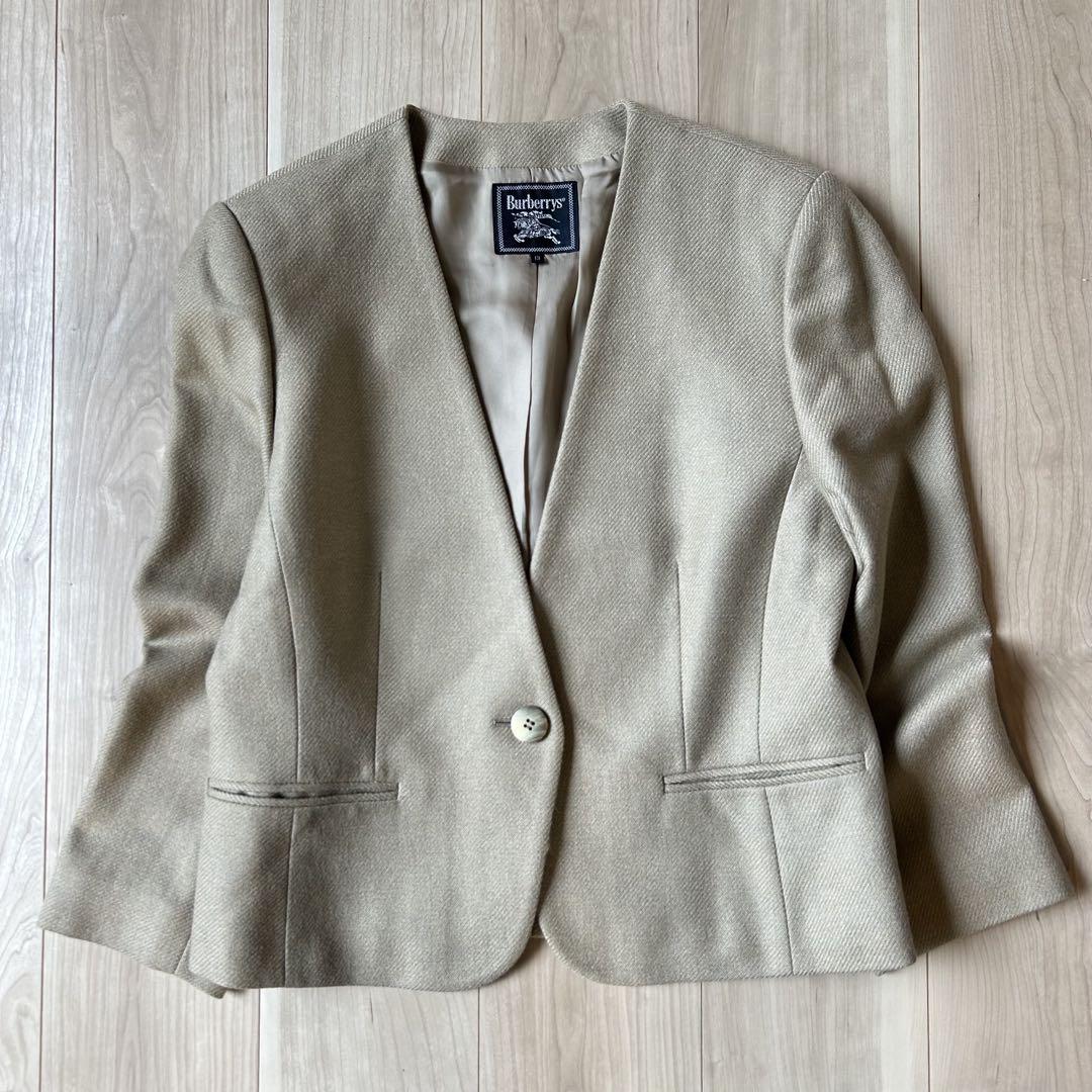 美品＊バーバリーズ BURBERRYS シルク混 ノーカラージャケット 13号