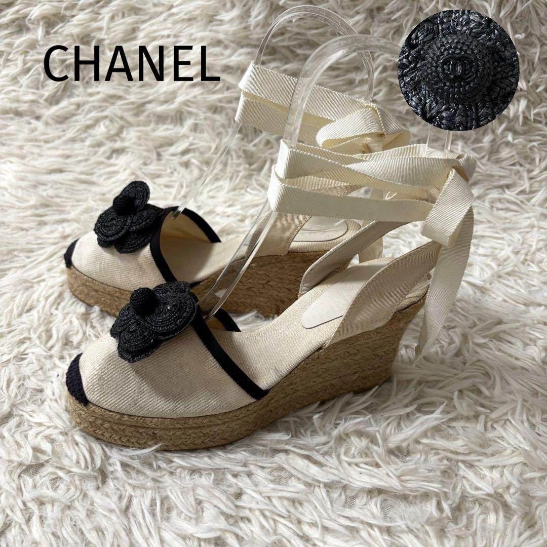 美品】CHANEL サンダルハイヒール ココマーク カメリア 青 22.5