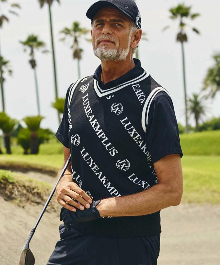 LUXEAKMPLUS 24SS 新品 GOLF 総柄 ロゴ ニット ベスト
