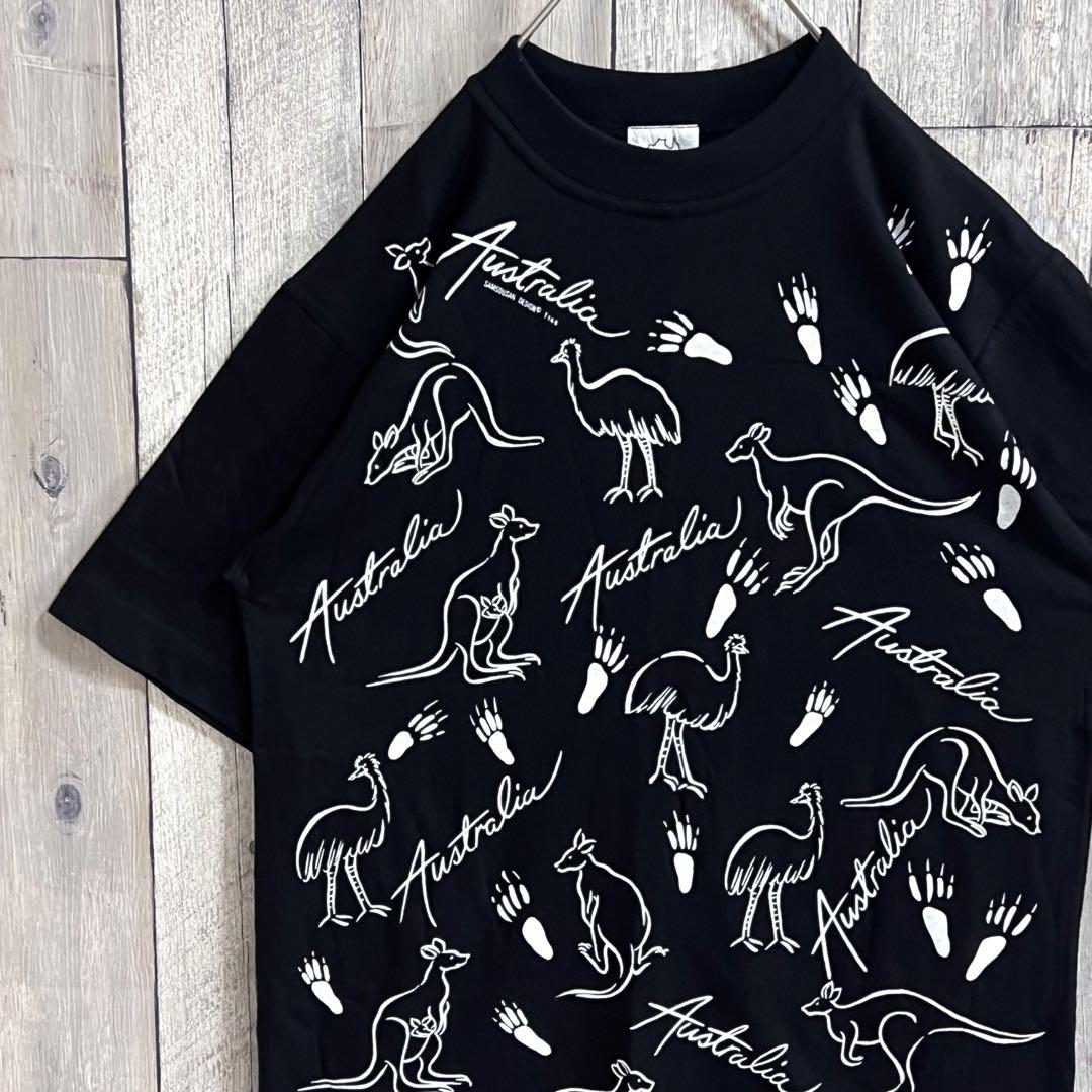 美品　オーストラリア製　Tシャツ　アニマル　ブラック　総柄