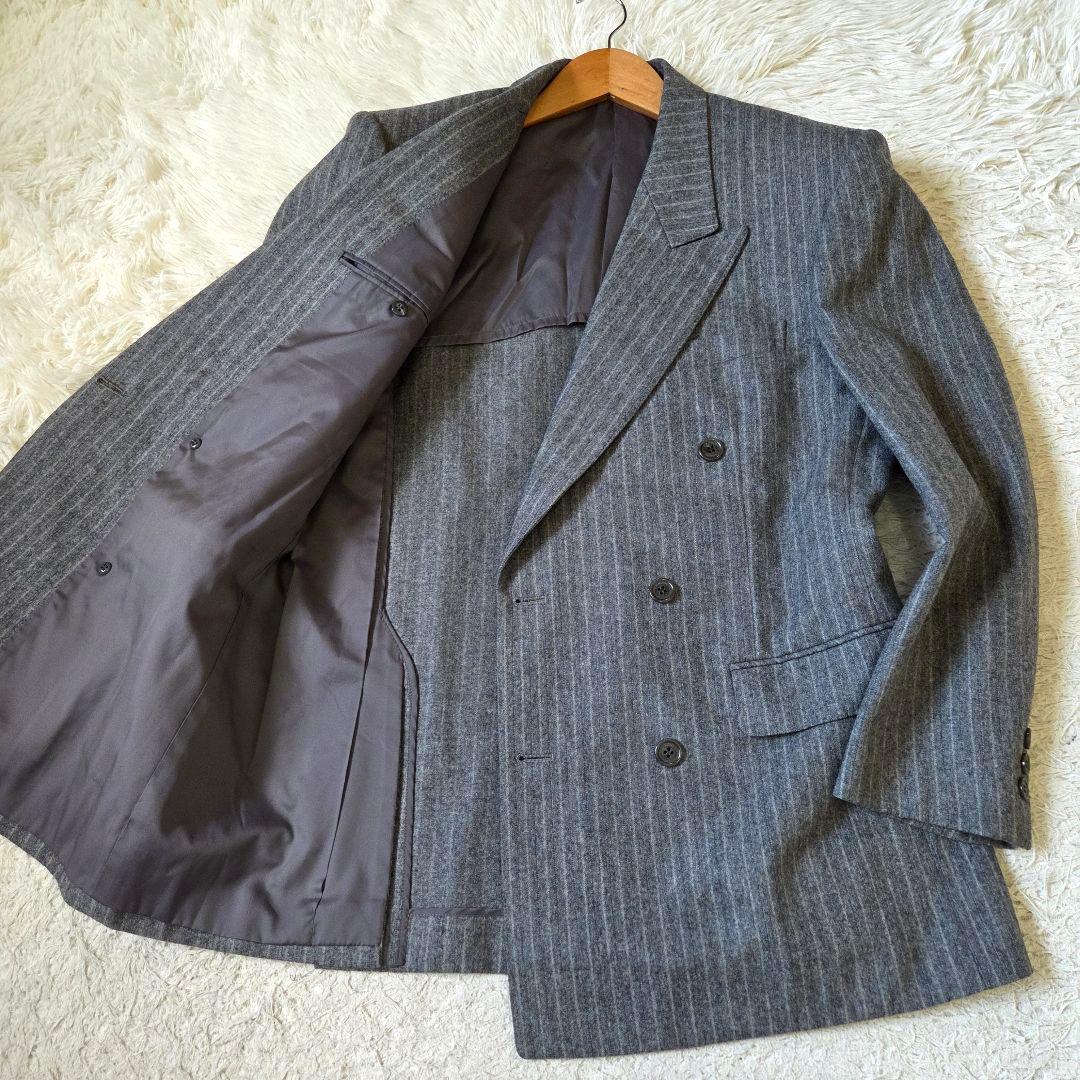 美品 ランバン ダブル スーツ ストライプ 6ボタン サイズ48 L グレー