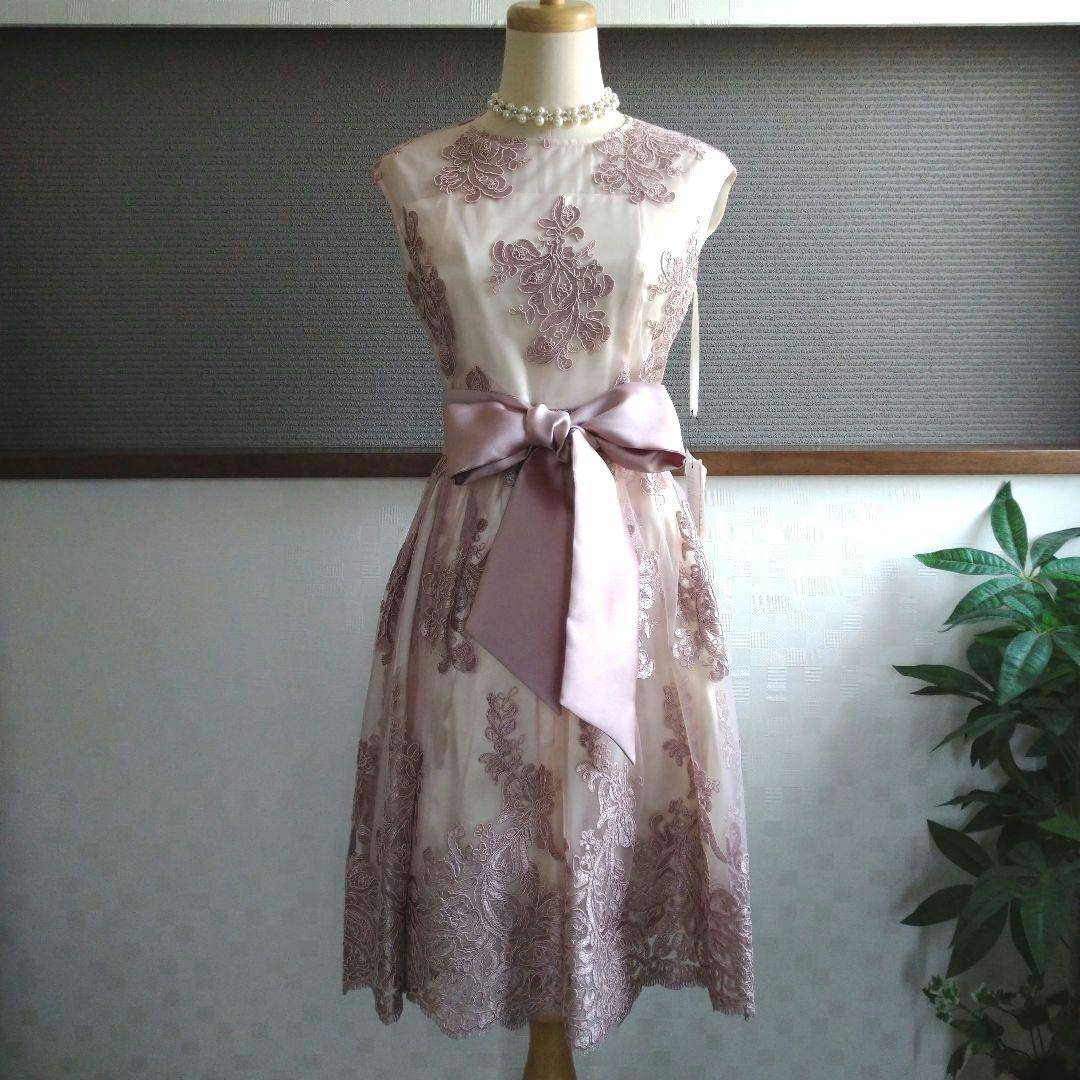【新品】アサクラ 刺繍 Aラインワンピース チュール ドレス ピンクベージュ M