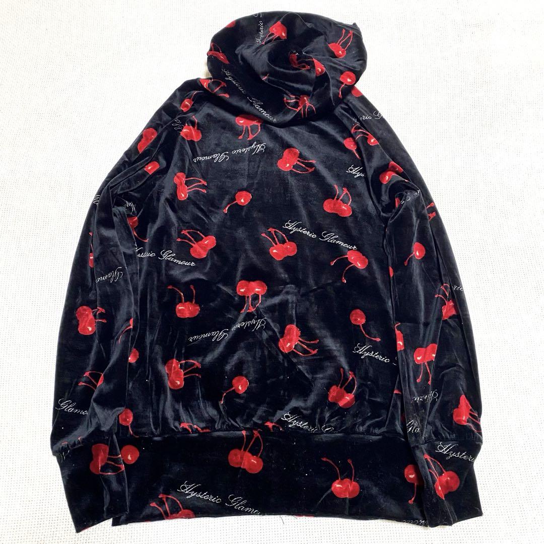 HYSTERIC GLAMOUR チェリー柄パーカー ベロア ブラック