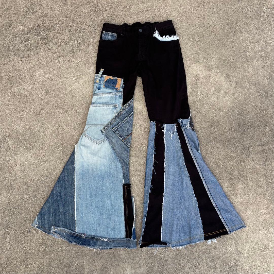リメイク フレアデニムパンツ 再構築 ワイド y2k グランジ ヒッピー
