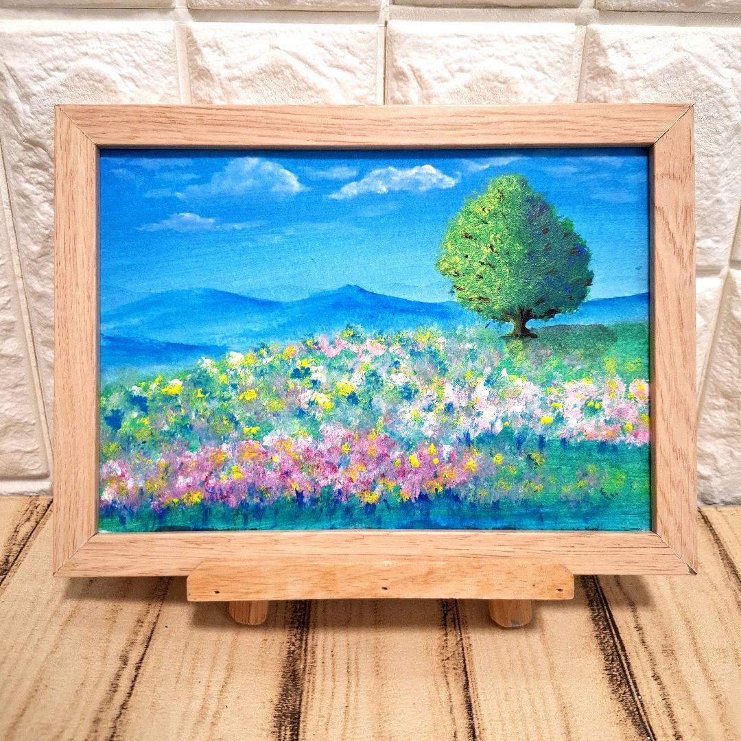 風景画/花の風景「釧路湿原 北海道」 油彩画SM 木製Boxフレー