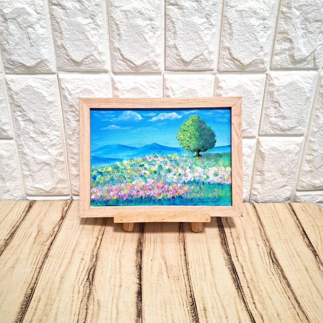 風景画 青空と花畑 木製フレーム付き A5サイズ 原画 自然の絵