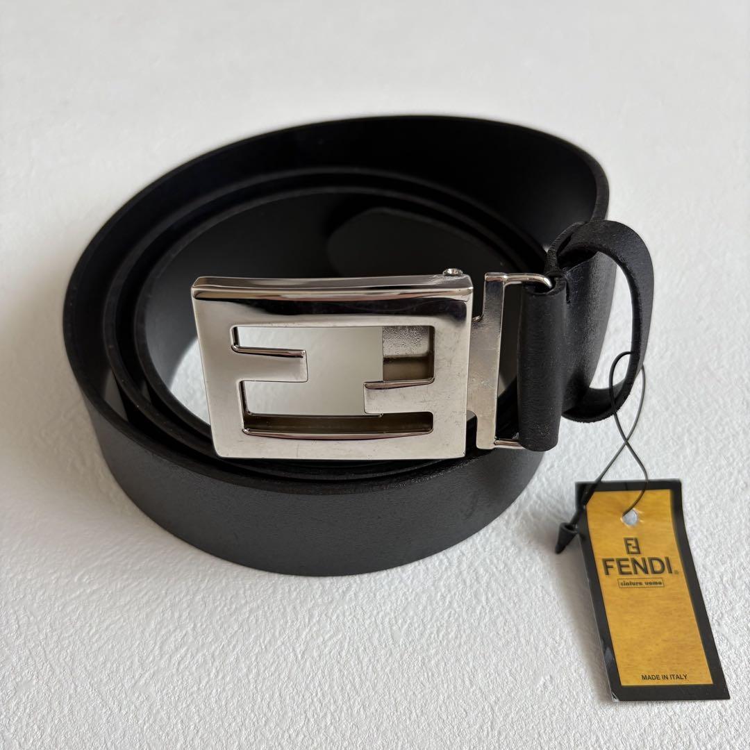 【未使用】FENDI FF金具 ベルト シルバー ブラック イタリア製 レザー