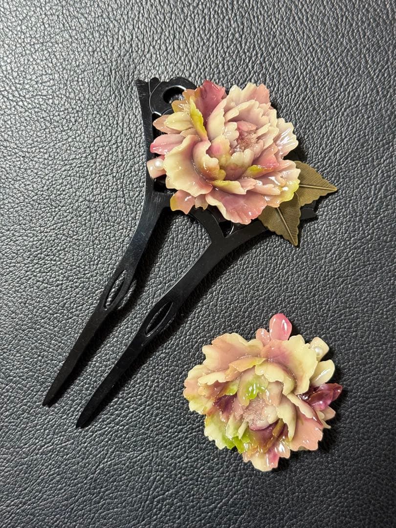 簪&帯留めセット　牡丹　本真珠　バチ型簪　髪飾り　帯飾り　着物　和装　小物