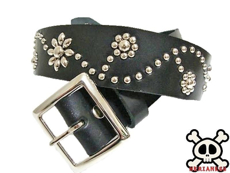 栃木レザー フラワー型スタッズベルト 黒 ニッケルオンリー 一枚革
