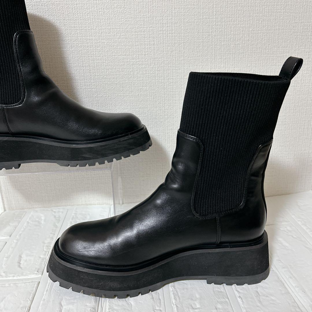極美品【ルタロン】（24.5）アンクルリブトラックソールショートブーツ　ブラック