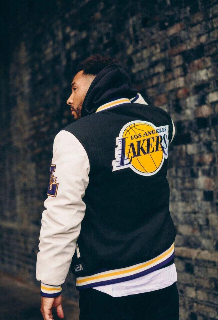 NBA ロサンゼルス レイカーズ 刺繍ロゴ 袖レザー スタジャン ジャケット L