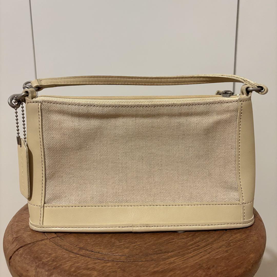 美品 コーチ アクセサリーポーチ ハンドバッグ レザー 6115 黄色 ベージュ