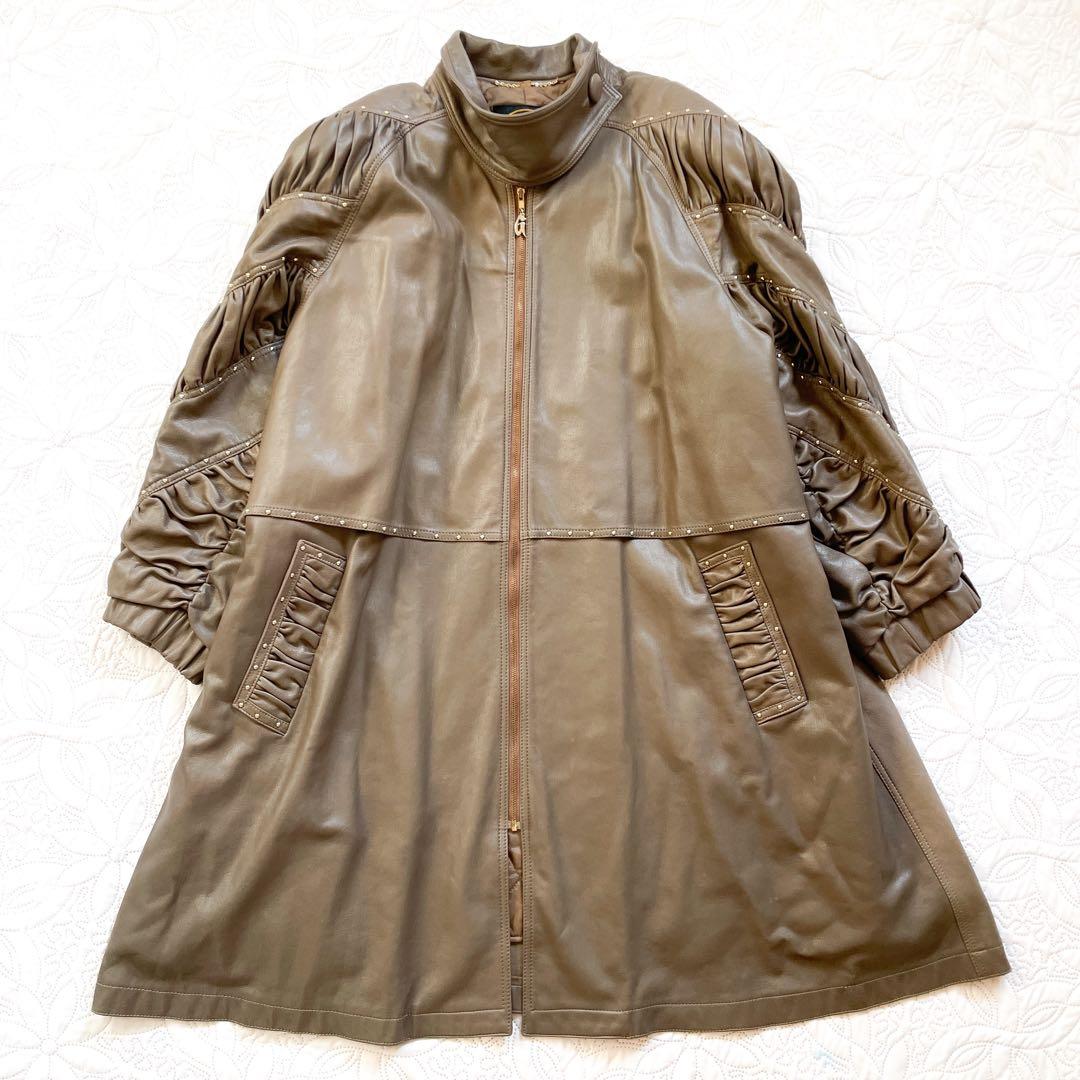 伊太利屋 ロングジャケット ブラウン スタッズ フェイクレザーコート 大きめ 茶 SIZE 伊太利屋