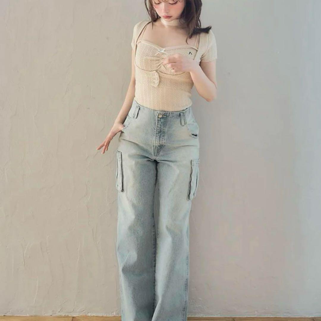 andmary Back ribbon denim cargo pants