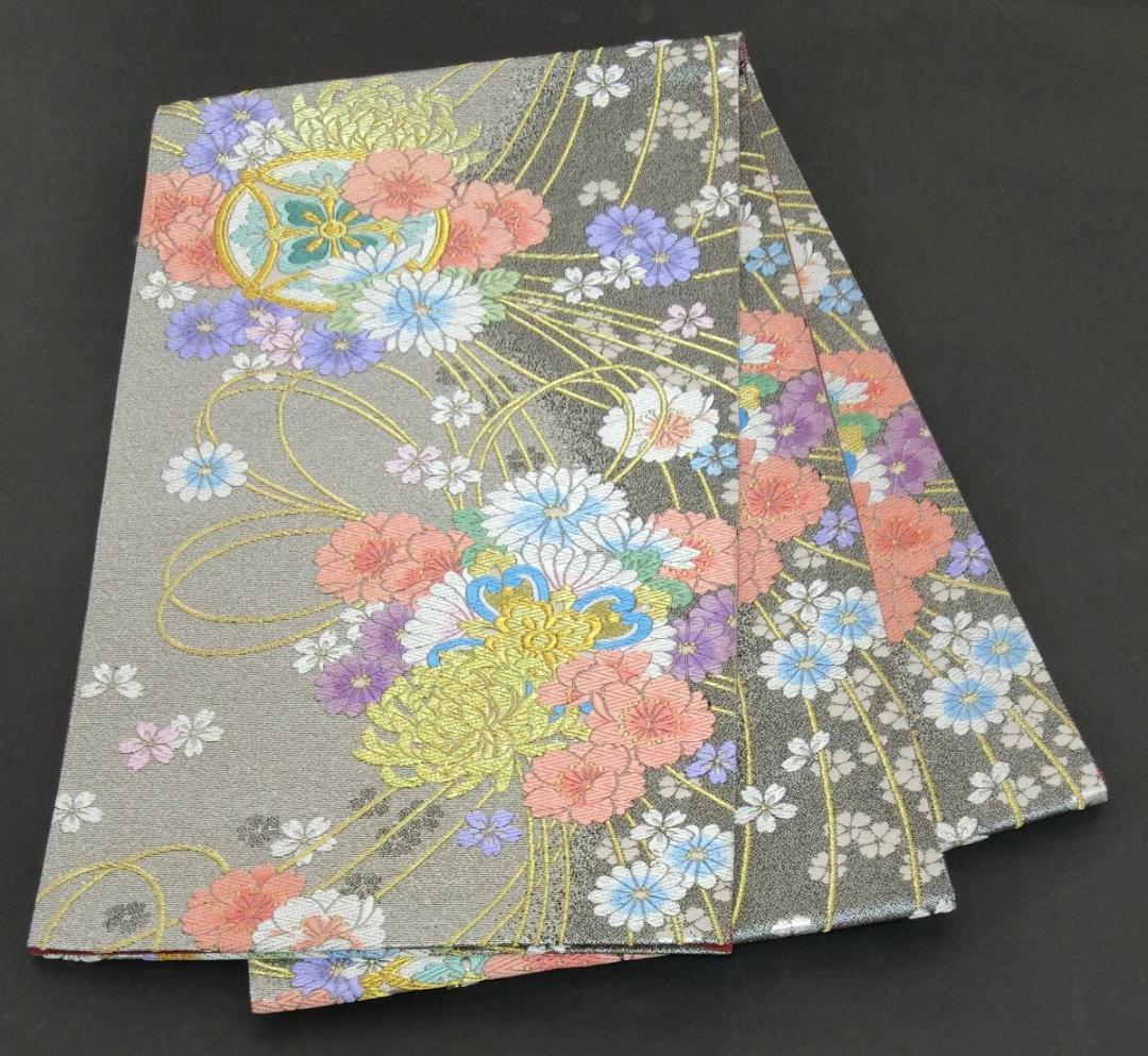 Ｓお仕立て上がり正絹振袖用袋帯銀色地に花柄