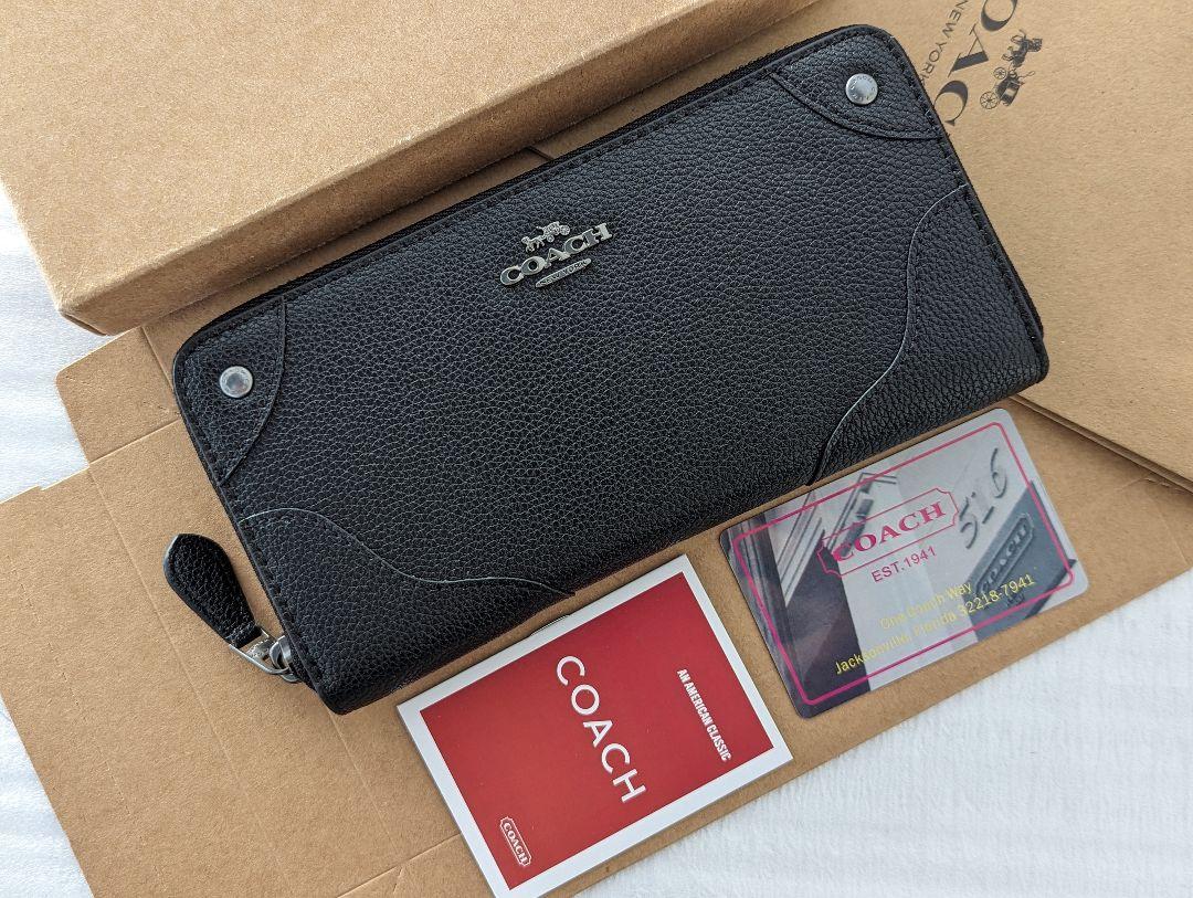 新品未使用品】コーチ長財布 ブラック無地 外側ポケット付