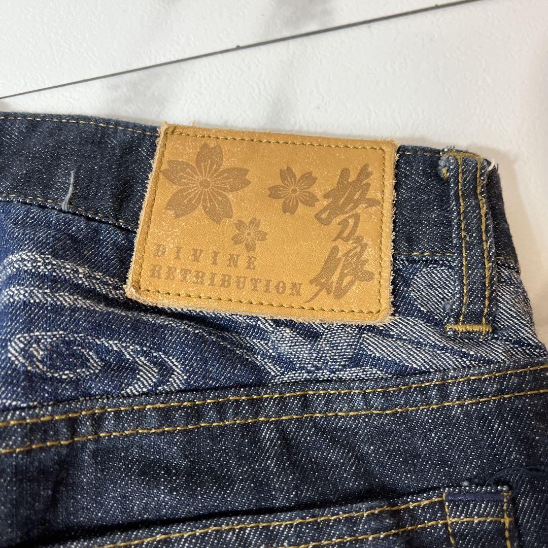 極美品 レア 抜刀娘 ハーフパンツ デニム 刺繍 32 C222364