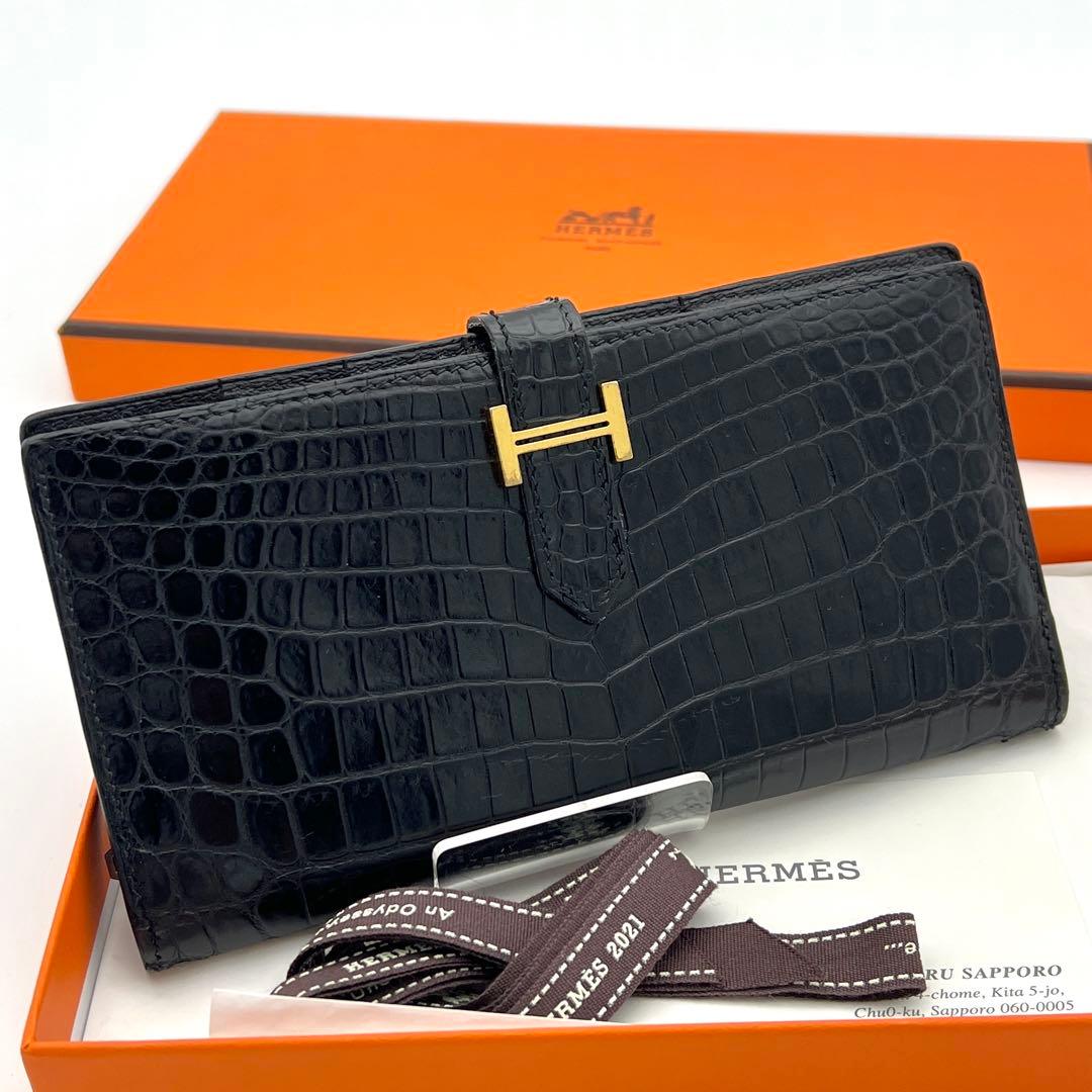 HERMES エルメス 長財布 ベアン クロコダイル ブラック 黒