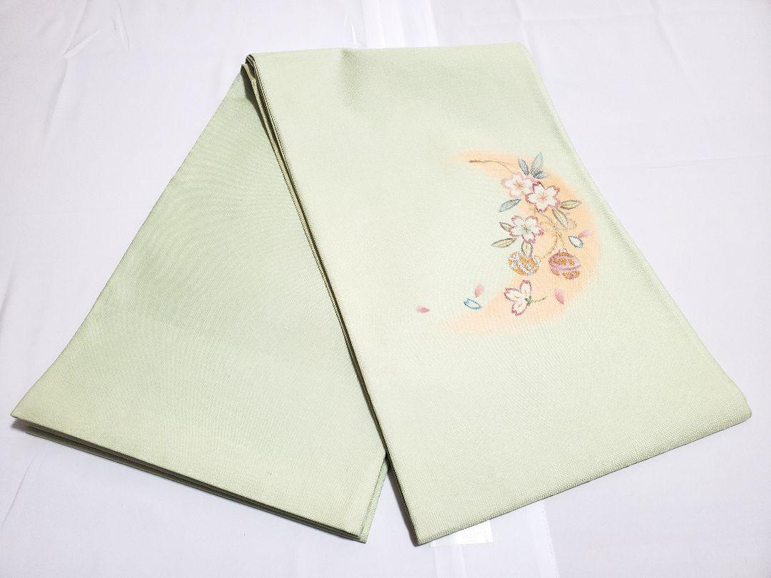 三日月に桜模様 金彩 鈴 薄緑 太鼓柄 正絹 薄物 夏用 絽 紗 袋帯