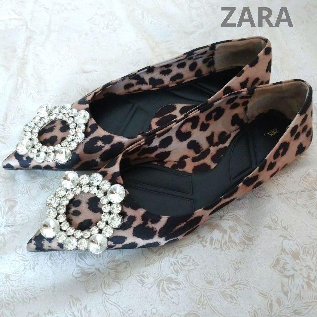 ZARA レオパード柄 ビジューフラットシューズ 36 - メルカリ