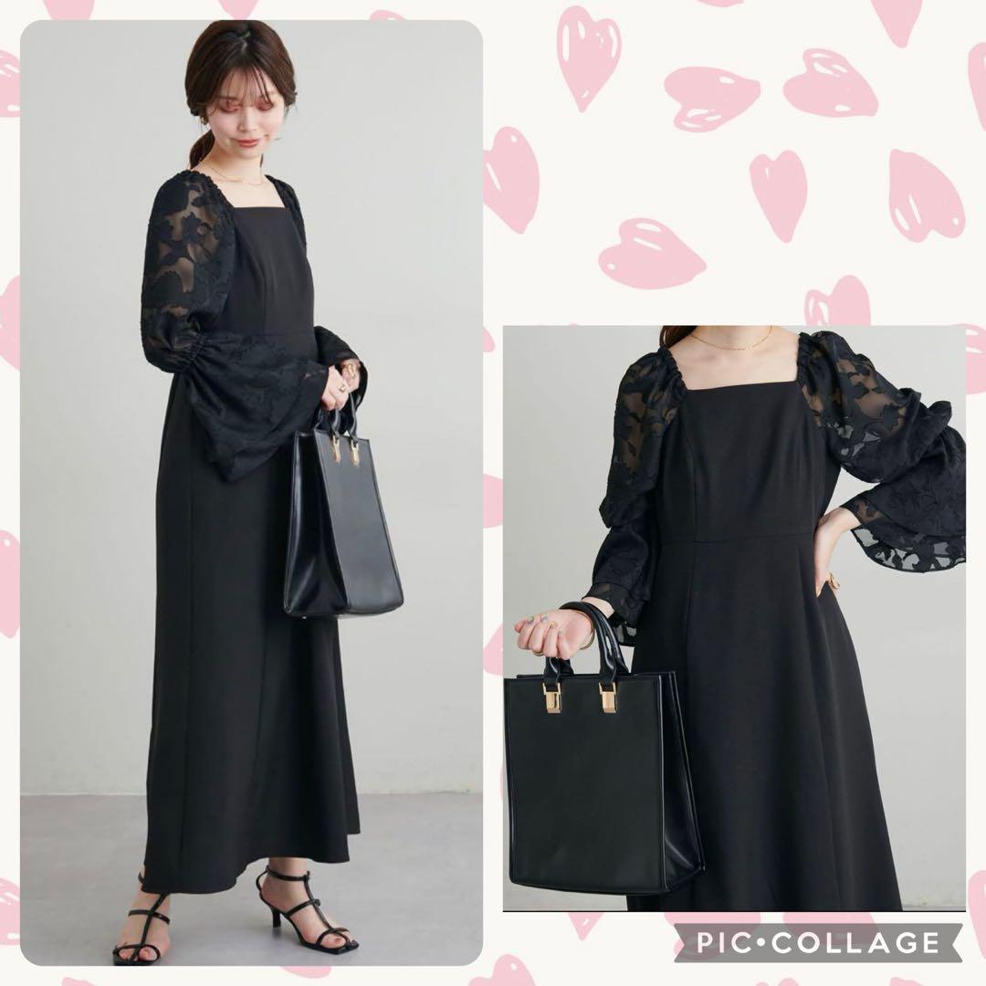 natural couture osono 袖ジャガードお上品ワンピース 黒