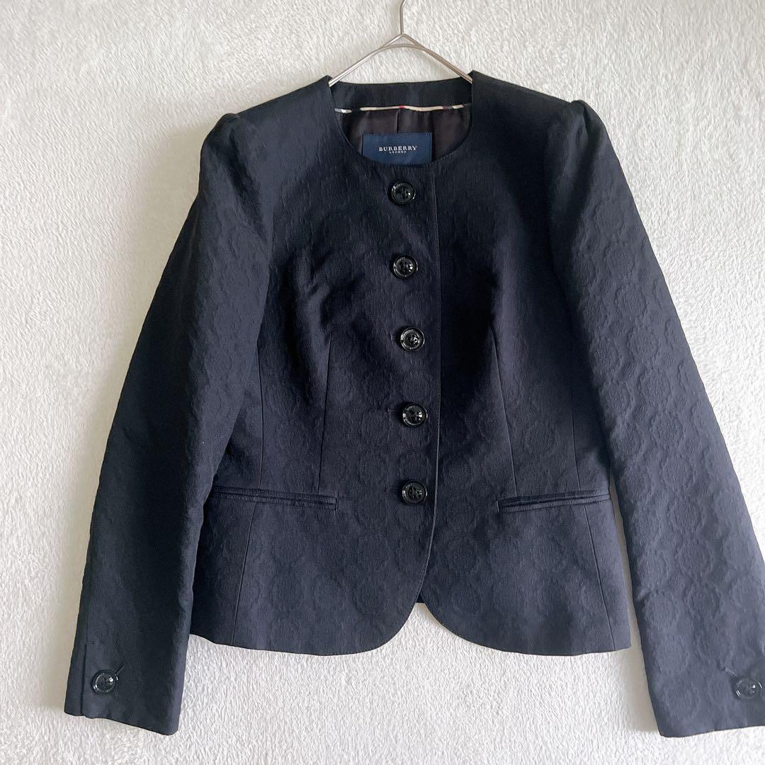 【美品】Burberry London テーラード シルク リネン紺 Lサイズ 美品☆ BURBERRY LONDON ジャガードスーツ ノーカラーシルク混 L