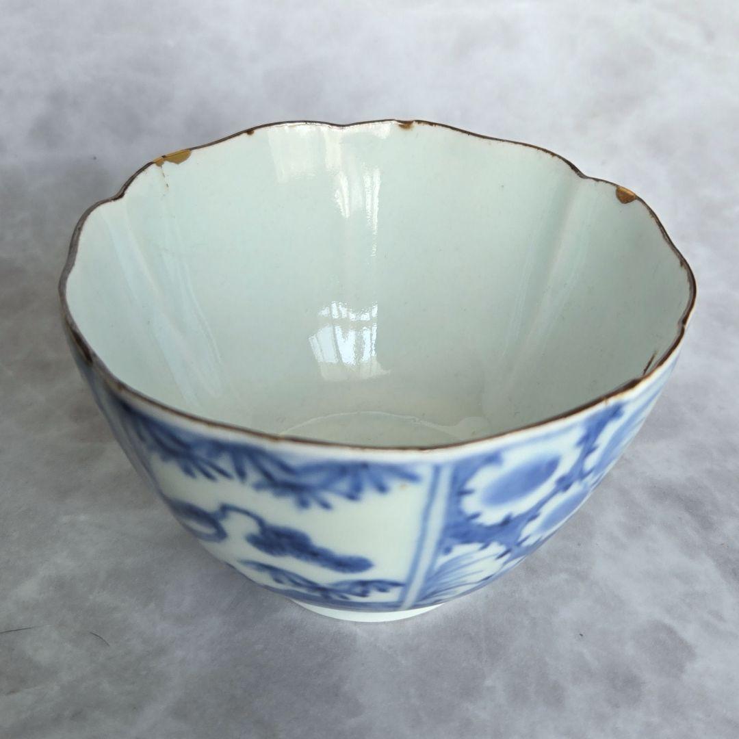 古伊万里　染付　向付　雪輪　芙蓉手　江戸時代　酒器　アンティーク　金継ぎ　金直し