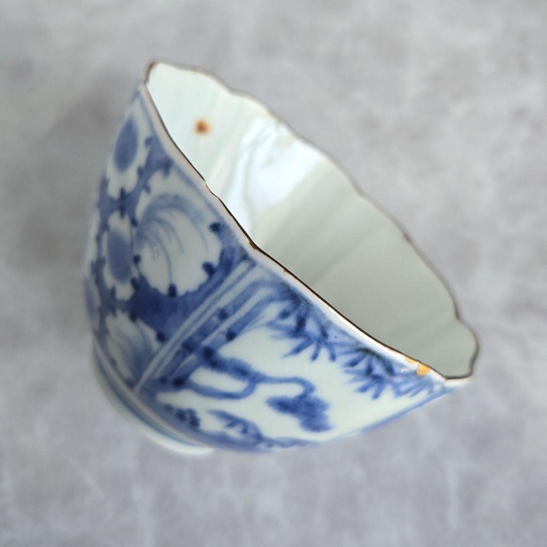 古伊万里　染付　向付　雪輪　芙蓉手　江戸時代　酒器　アンティーク　金継ぎ　金直し