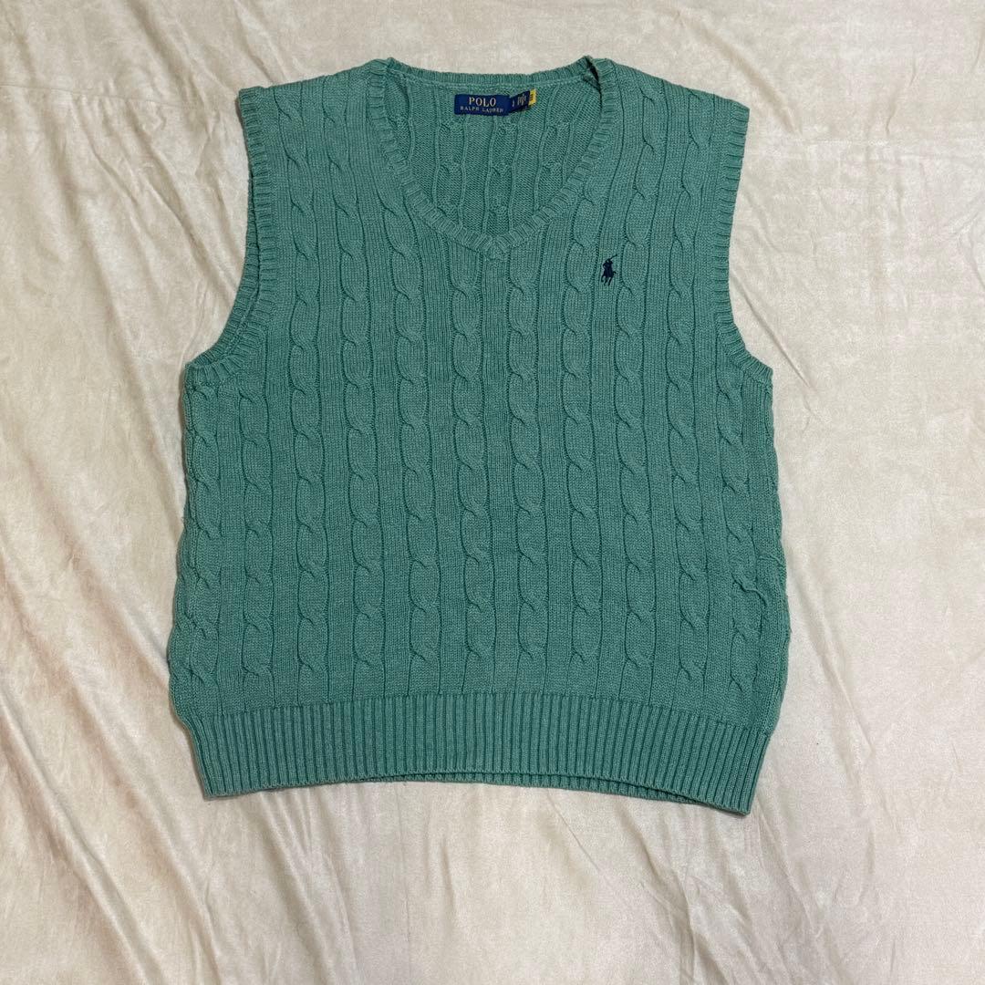 Polo Ralph Lauren ケーブルニットベスト L 緑 vネックL・POLO RALPH LAUREN