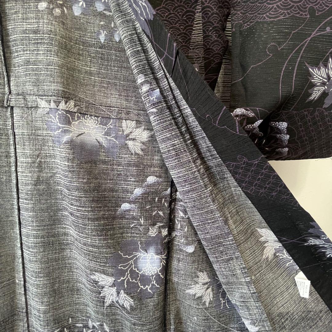 超美品　綿　綿呂　浴衣 着物　夏物　現代　162 トール　ブラック 青紫