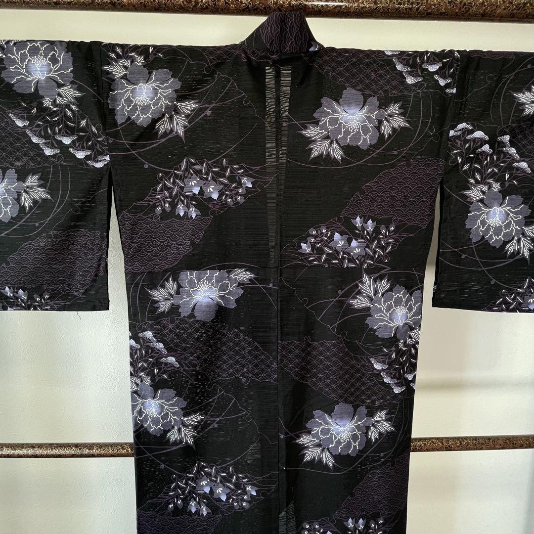 超美品　綿　綿呂　浴衣 着物　夏物　現代　162 トール　ブラック 青紫