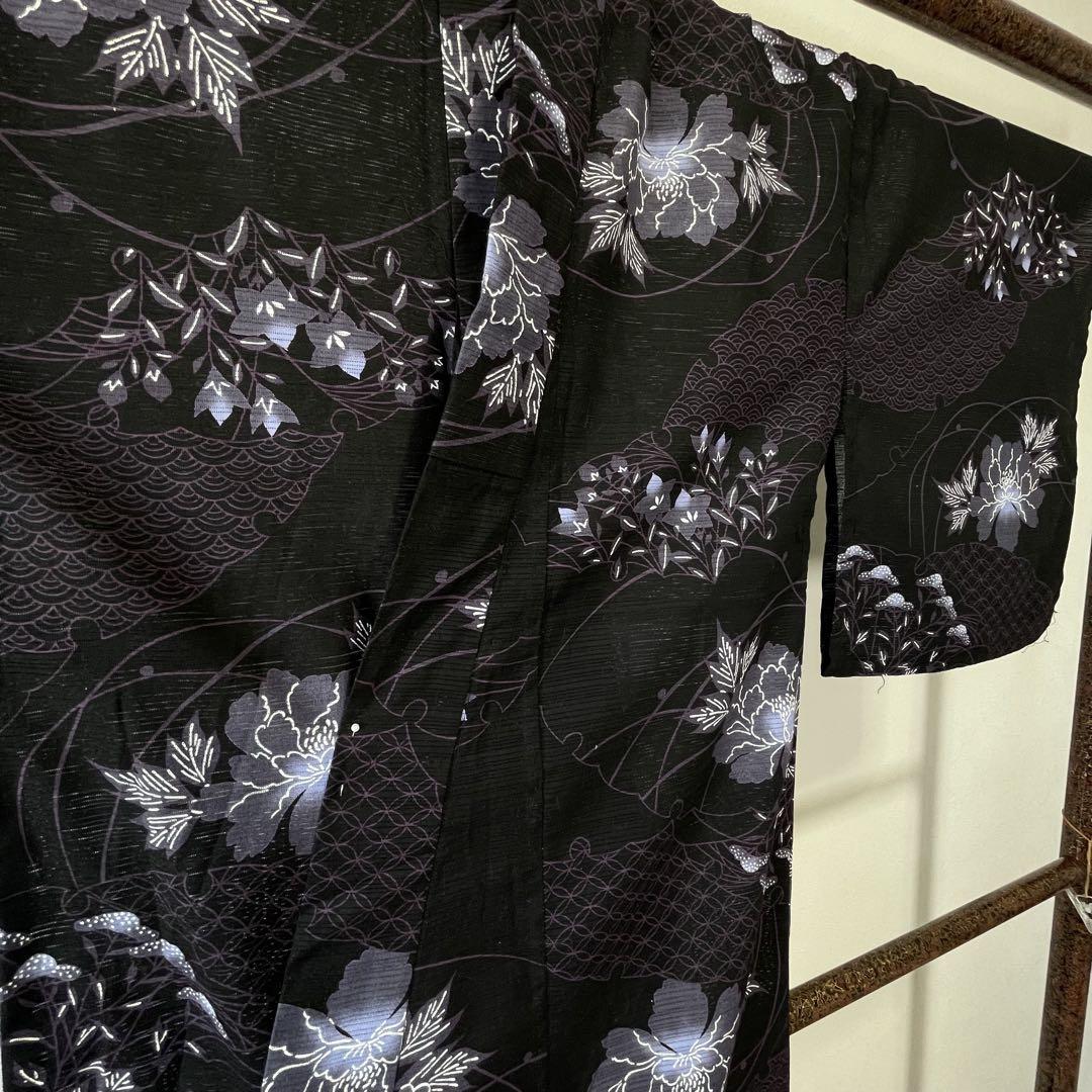 超美品　綿　綿呂　浴衣 着物　夏物　現代　162 トール　ブラック 青紫