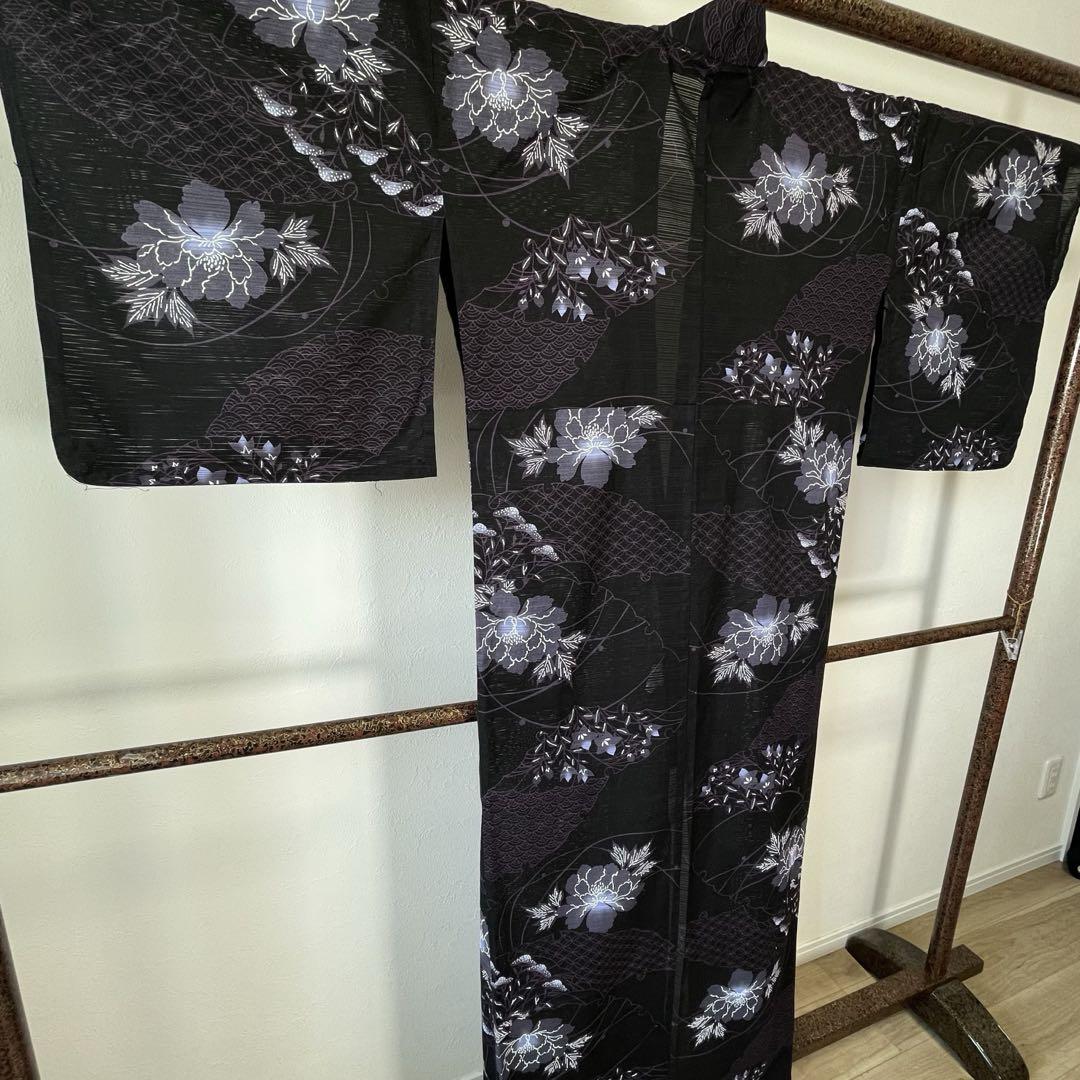 超美品　綿　綿呂　浴衣 着物　夏物　現代　162 トール　ブラック 青紫