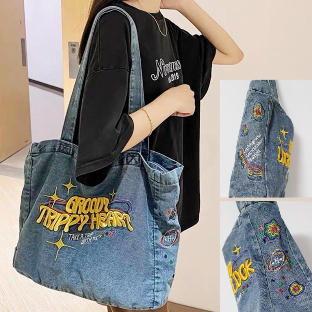 新品 NU ワッペンデザイン ファスナー開閉 デニムトートバッグ 新品 NU ワッペンデザイン ファスナー開閉 デニムトートバッグ