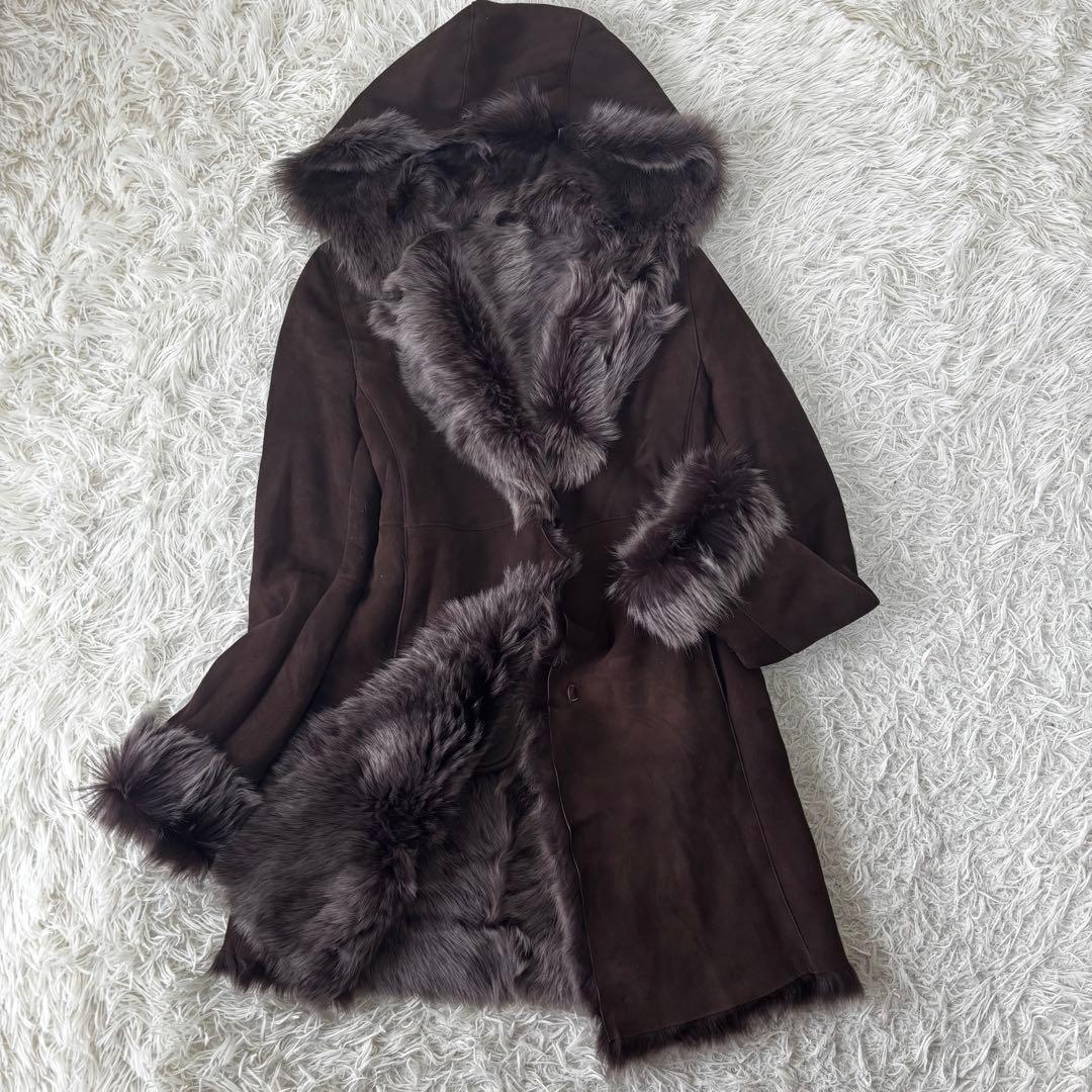 極美品✨リアルムートン　フーデットコート　羊革　モカ　Aライン フレア　防寒　S