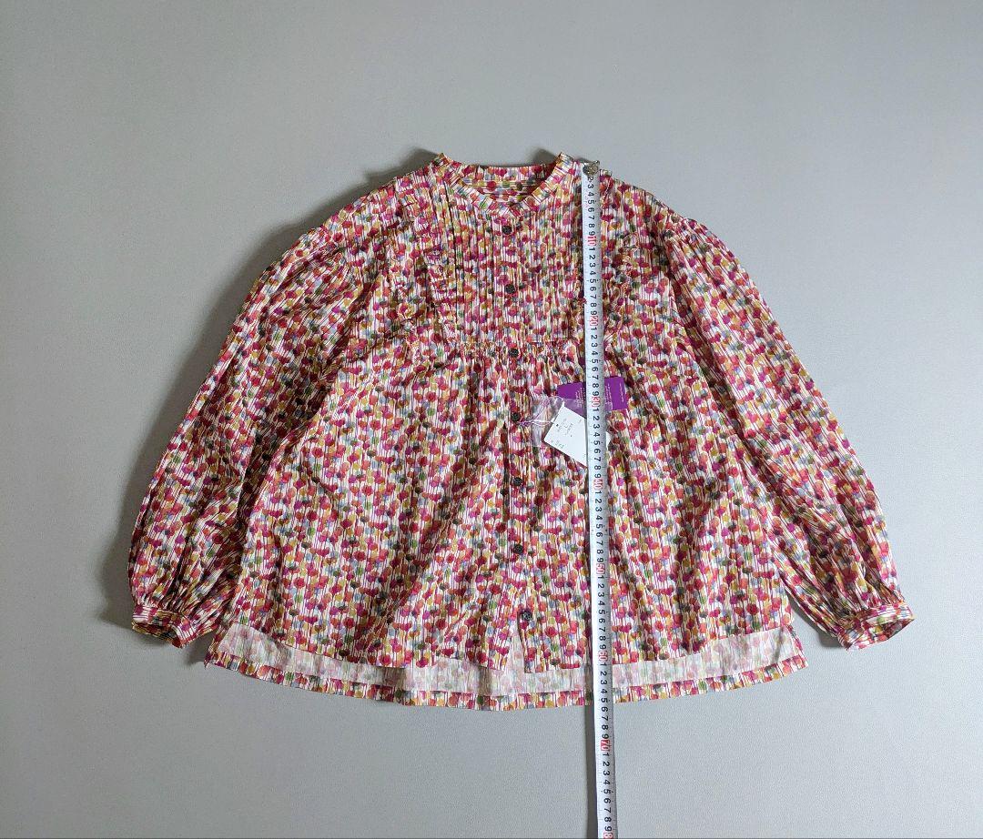 新品◎ハルメク／リバティ ピンタックブラウス フリル ノーカラーシャツ 花柄