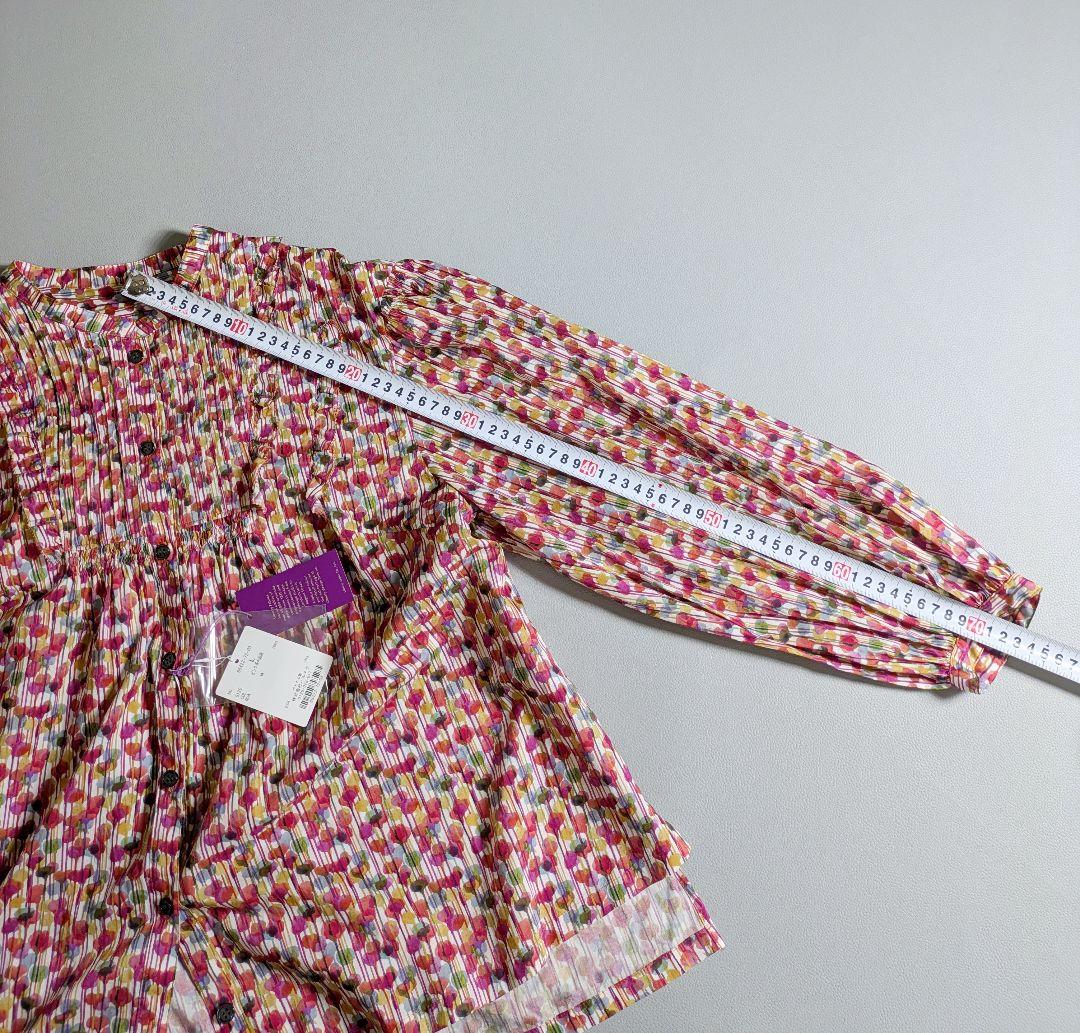 新品◎ハルメク／リバティ ピンタックブラウス フリル ノーカラーシャツ 花柄