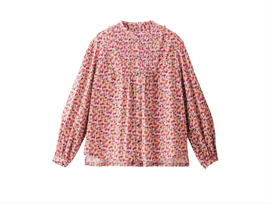 新品◎ハルメク／リバティ ピンタックブラウス フリル ノーカラーシャツ 花柄