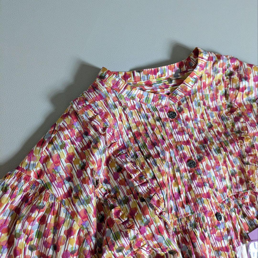 新品◎ハルメク／リバティ ピンタックブラウス フリル ノーカラーシャツ 花柄